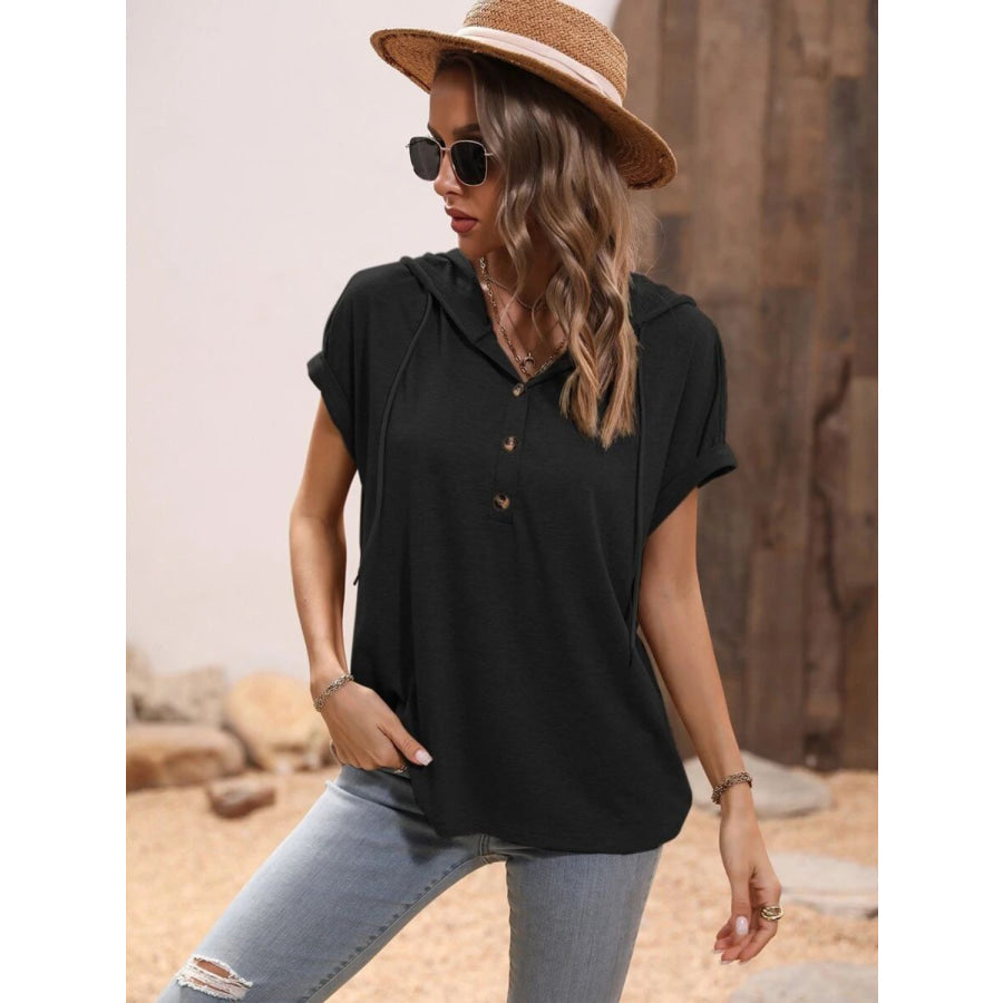 Half Button Hooded Short Sleeve Blouse Apparel and Accessories