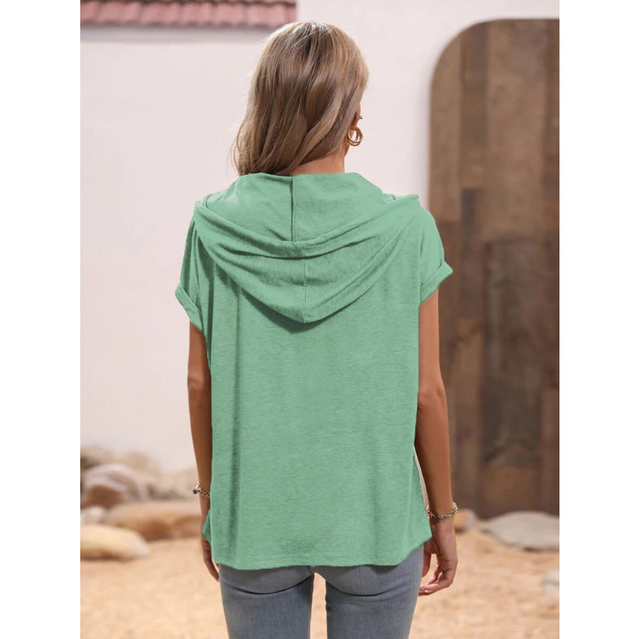 Half Button Hooded Short Sleeve Blouse Apparel and Accessories