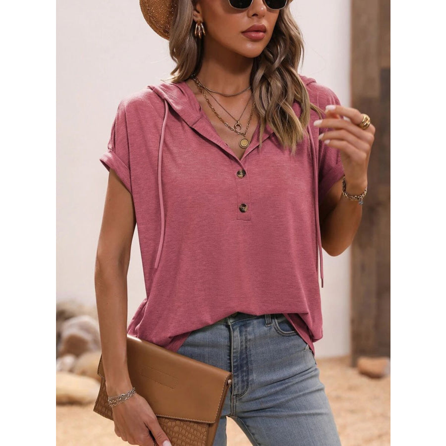 Half Button Hooded Short Sleeve Blouse Apparel and Accessories