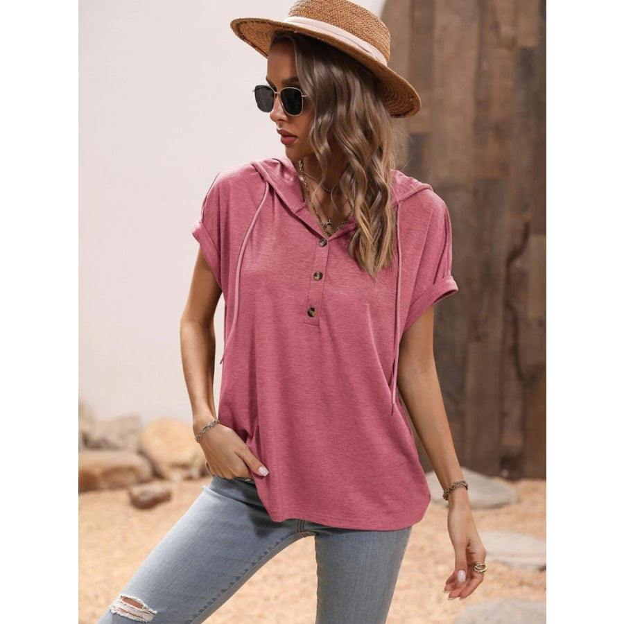 Half Button Hooded Short Sleeve Blouse Apparel and Accessories