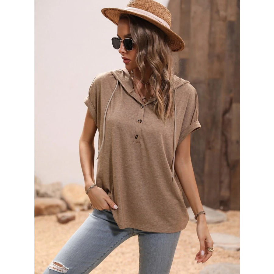 Half Button Hooded Short Sleeve Blouse Apparel and Accessories