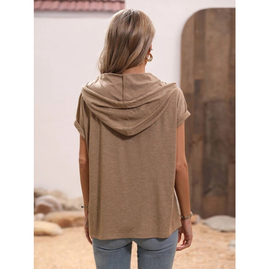 Half Button Hooded Short Sleeve Blouse Apparel and Accessories