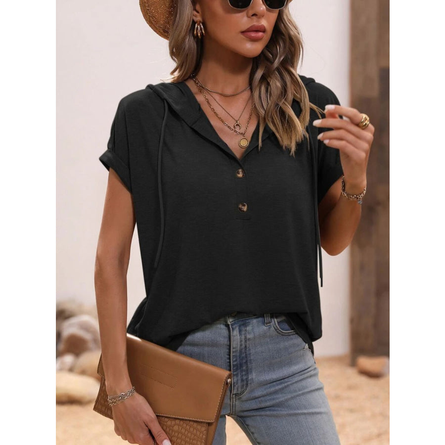 Half Button Hooded Short Sleeve Blouse Apparel and Accessories