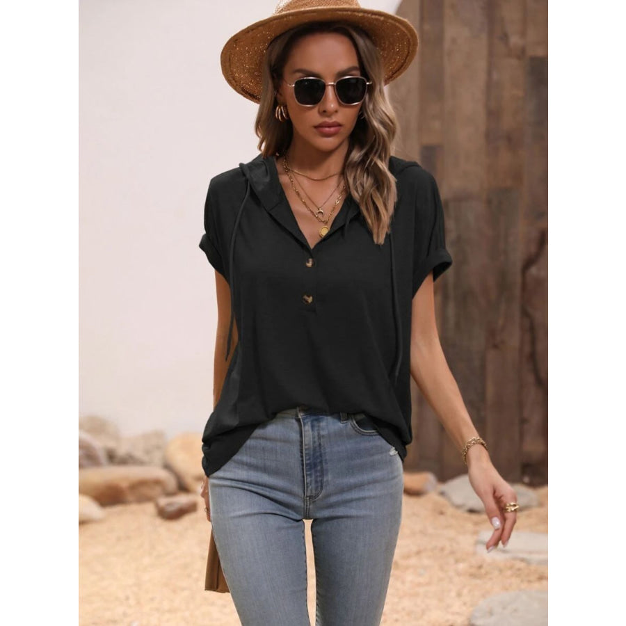 Half Button Hooded Short Sleeve Blouse Apparel and Accessories