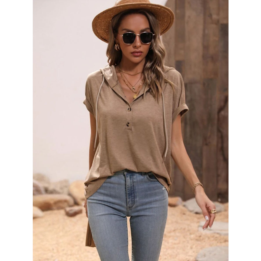 Half Button Hooded Short Sleeve Blouse Apparel and Accessories