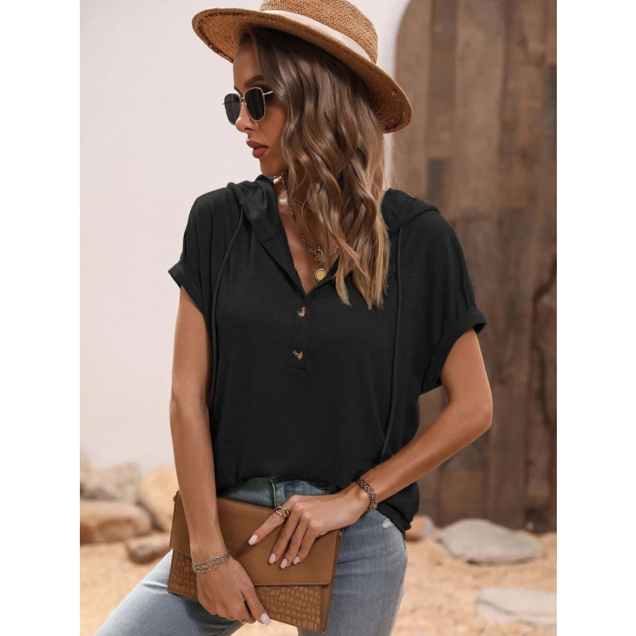 Half Button Hooded Short Sleeve Blouse Black / S Apparel and Accessories