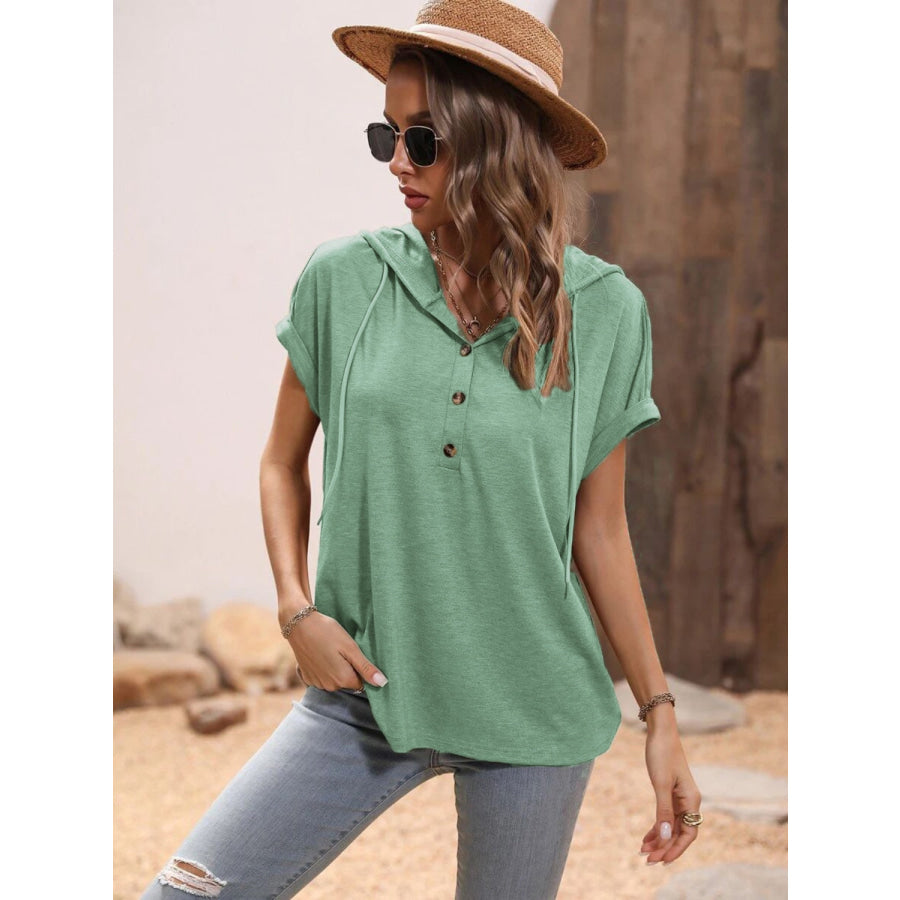 Half Button Hooded Short Sleeve Blouse Gum Leaf / S Apparel and Accessories