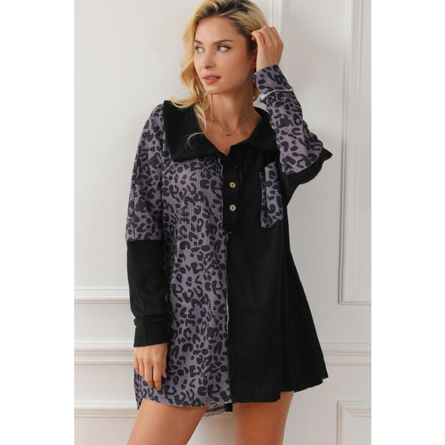 Half Button Leopard Collared Neck Blouse Black / S Clothing