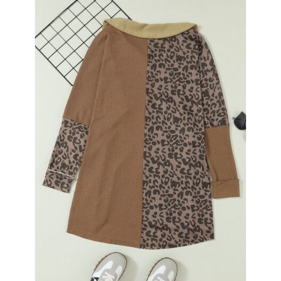 Half Button Leopard Collared Neck Blouse Clothing