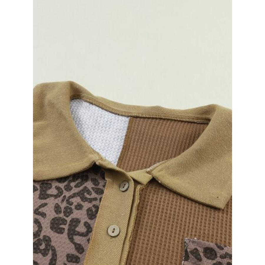 Half Button Leopard Collared Neck Blouse Clothing