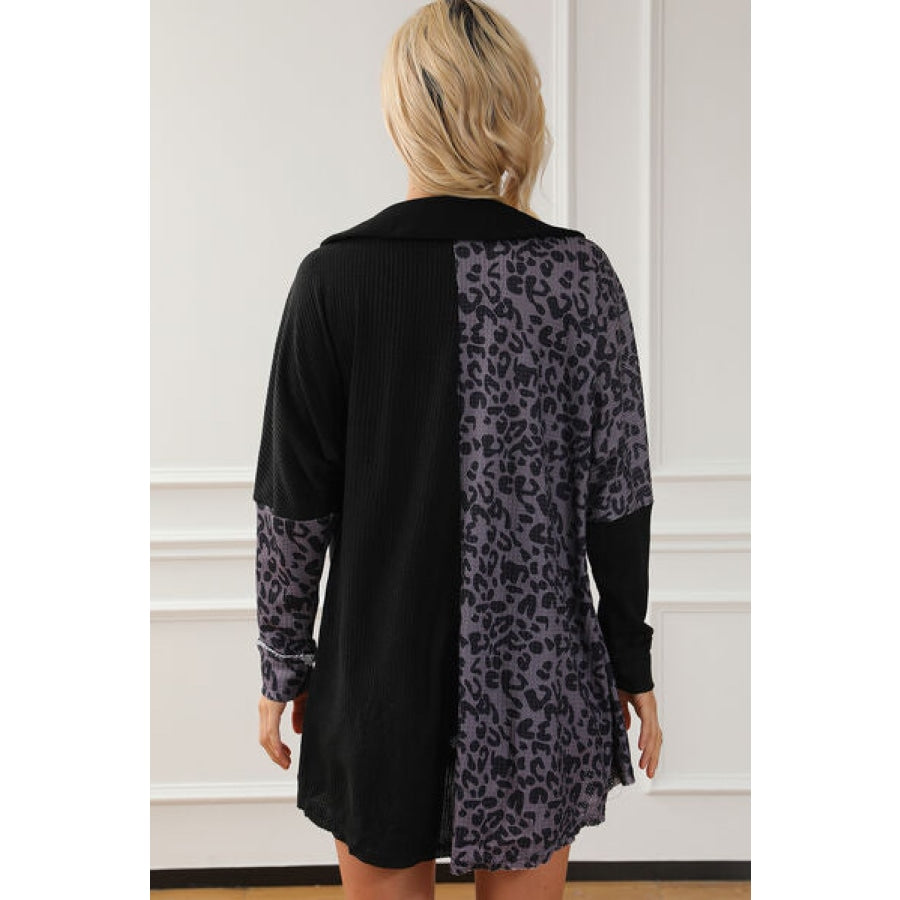 Half Button Leopard Collared Neck Blouse Black / S Clothing