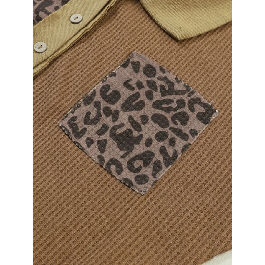 Half Button Leopard Collared Neck Blouse Clothing