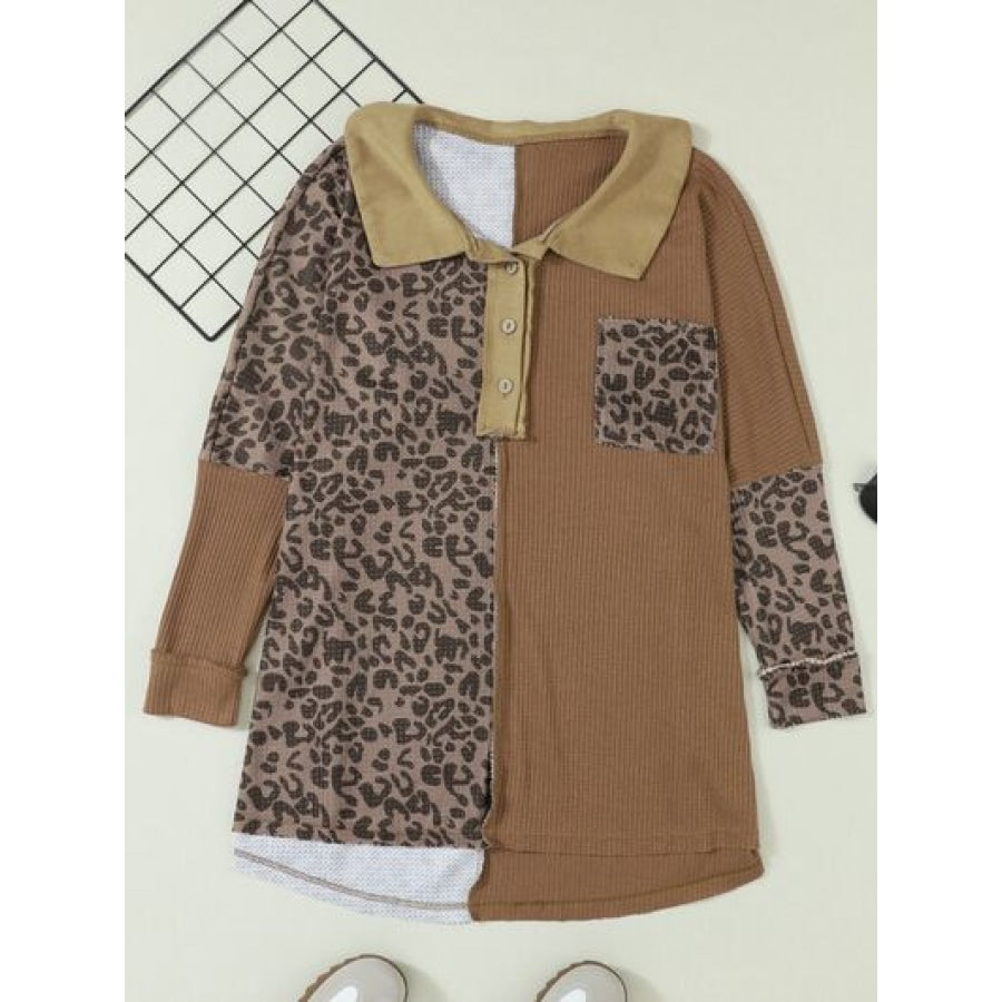 Half Button Leopard Collared Neck Blouse Taupe / S Clothing