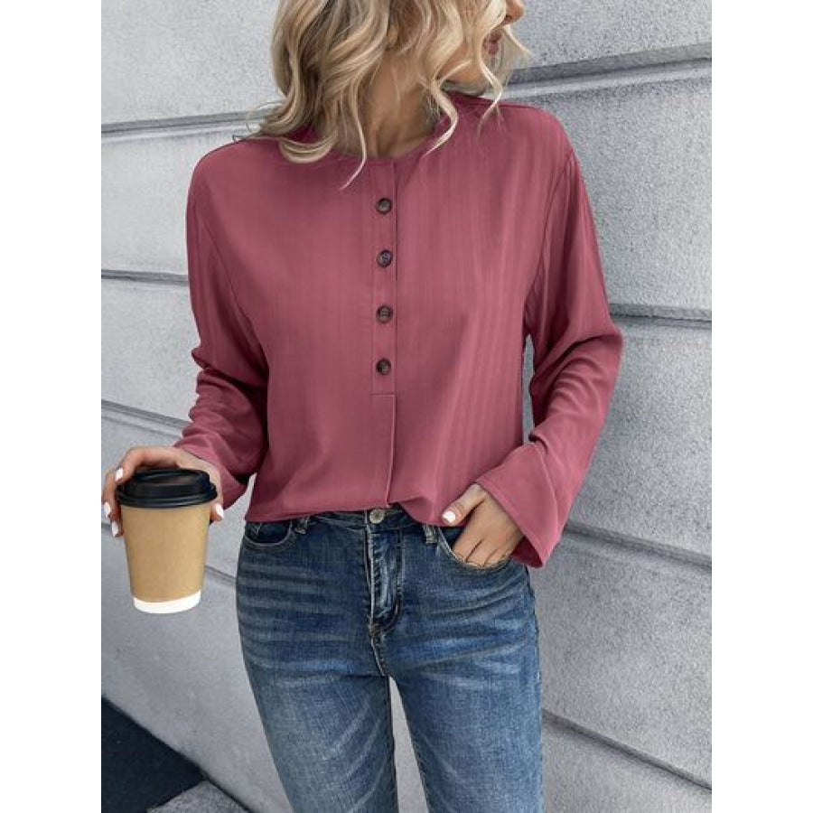 Half Button Long Sleeve Blouse Apparel and Accessories