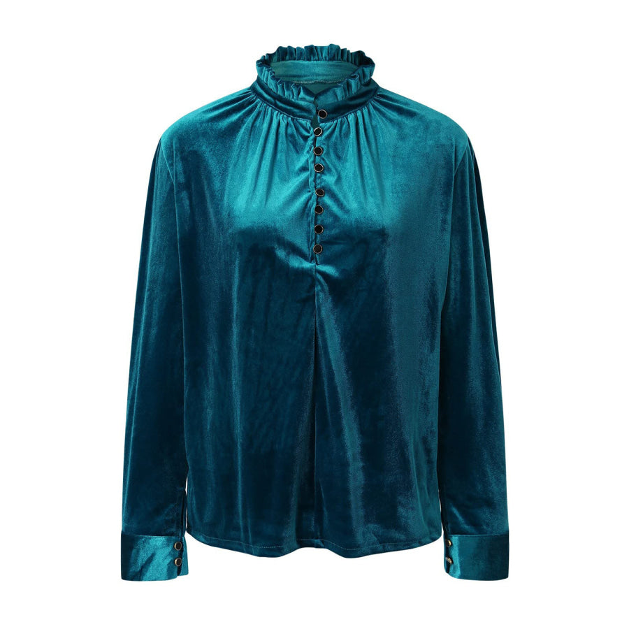 Half Button Long Sleeve Blouse Cerulean / S Apparel and Accessories