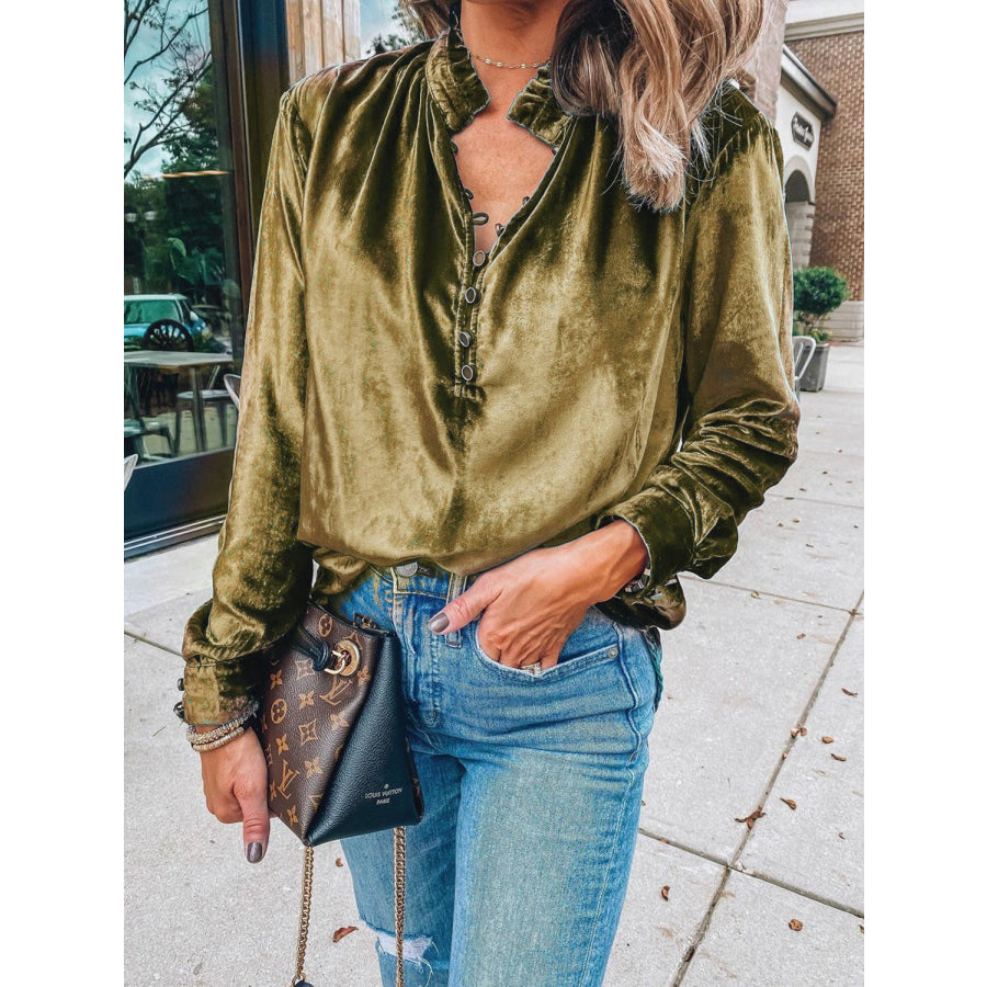 Half Button Long Sleeve Blouse Apparel and Accessories