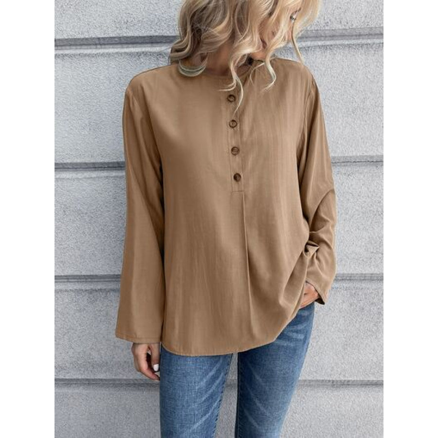 Half Button Long Sleeve Blouse Apparel and Accessories