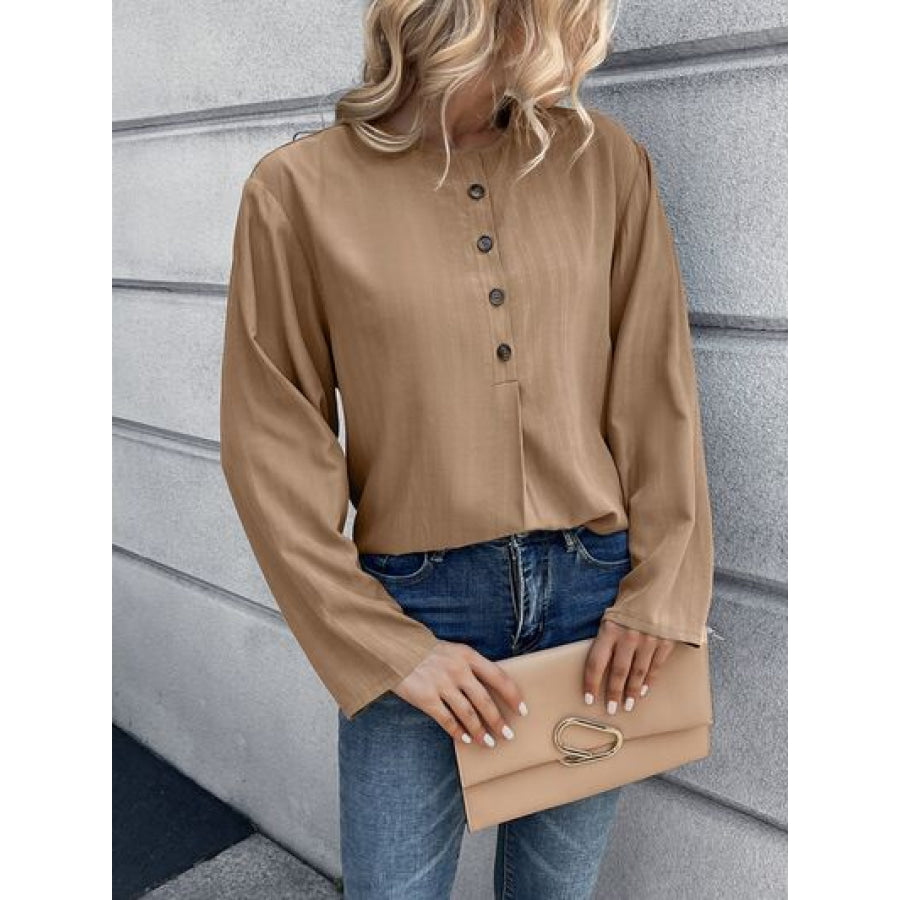 Half Button Long Sleeve Blouse Apparel and Accessories