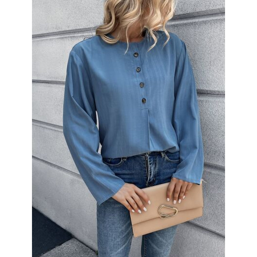 Half Button Long Sleeve Blouse Apparel and Accessories