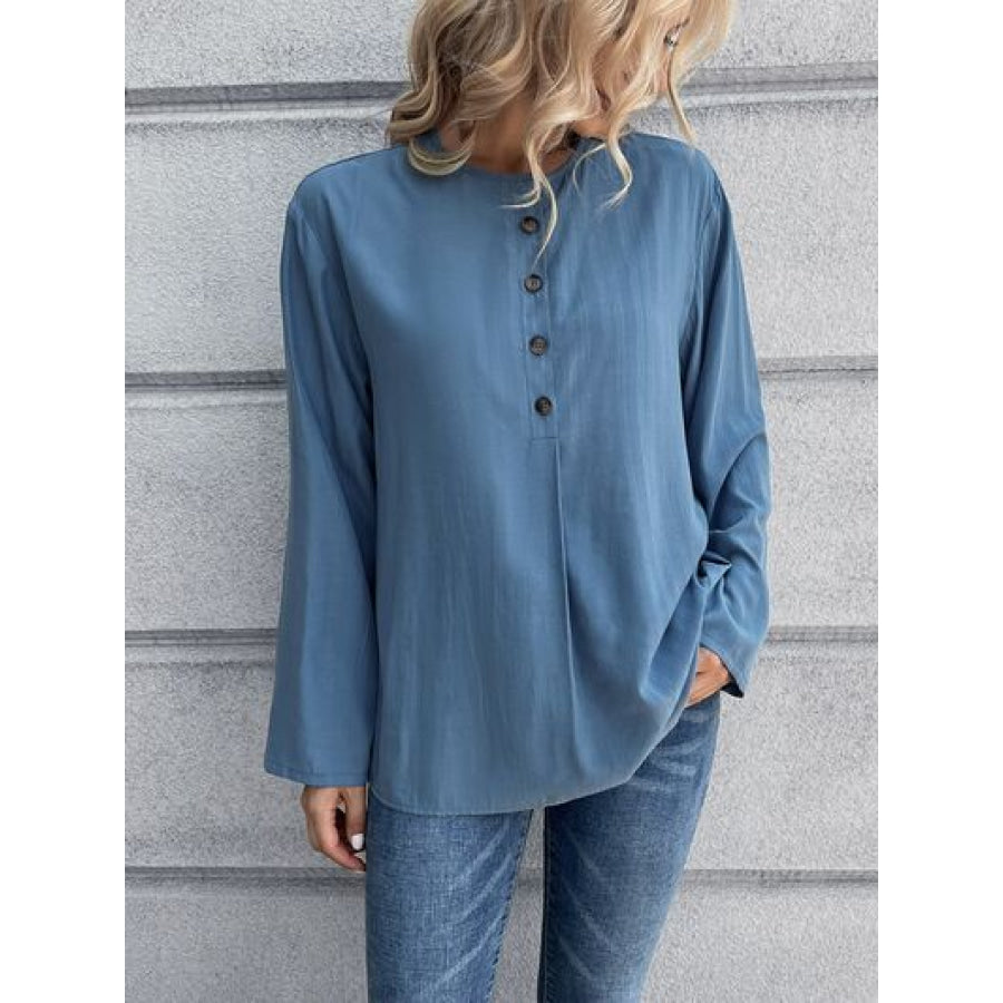 Half Button Long Sleeve Blouse Apparel and Accessories