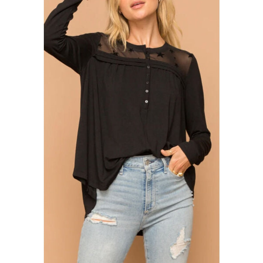 Half Button Long Sleeve Blouse Black / S Clothing