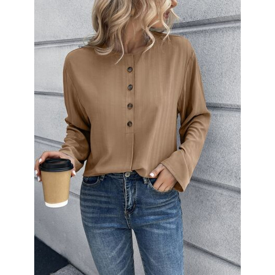 Half Button Long Sleeve Blouse Camel / S Apparel and Accessories