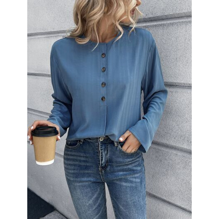 Half Button Long Sleeve Blouse Dusty Blue / S Apparel and Accessories