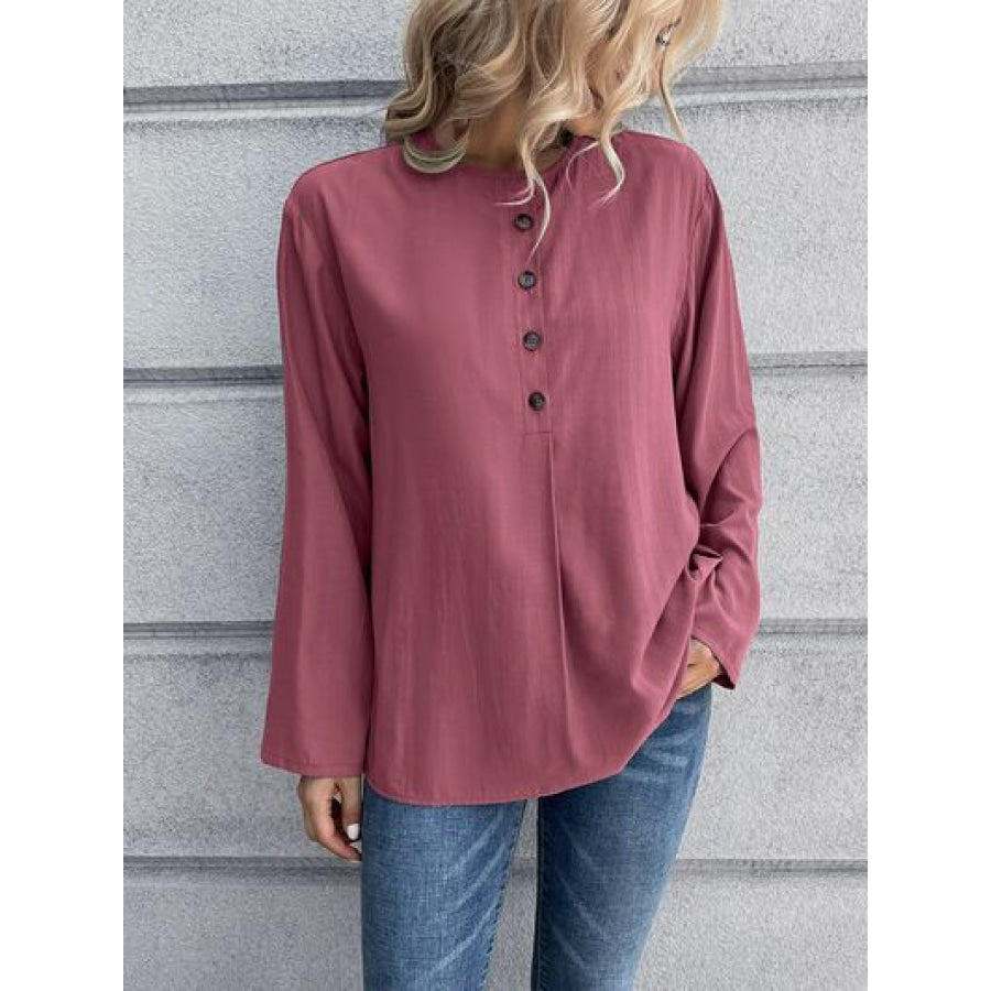 Half Button Long Sleeve Blouse Magenta / S Apparel and Accessories