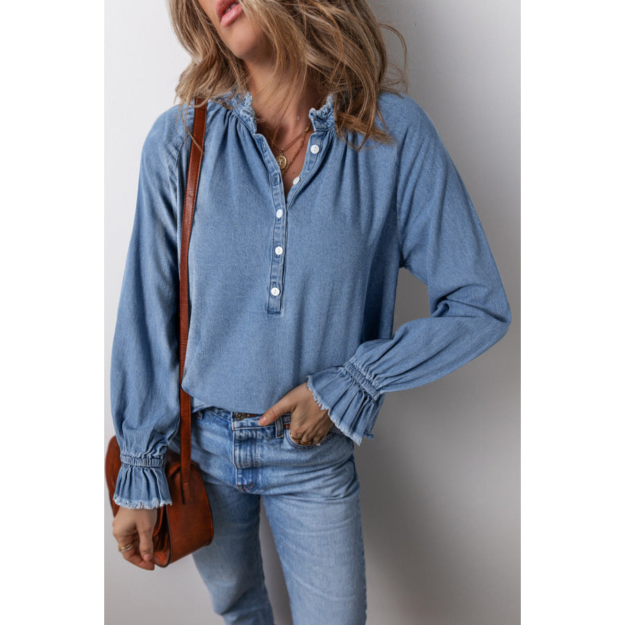 Half Button Long Sleeve Denim Top Apparel and Accessories