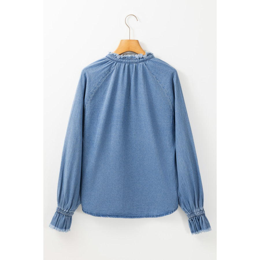 Half Button Long Sleeve Denim Top Apparel and Accessories