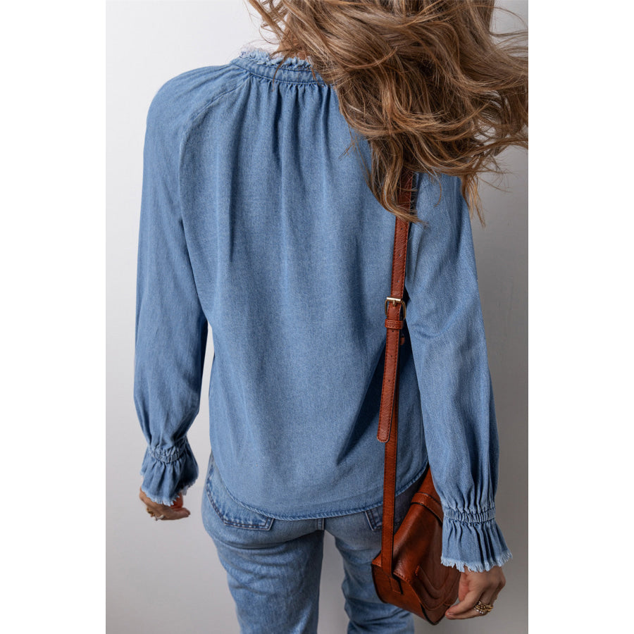 Half Button Long Sleeve Denim Top Apparel and Accessories