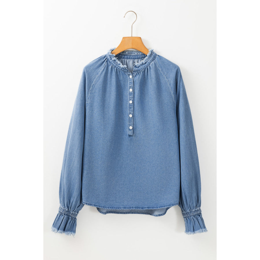 Half Button Long Sleeve Denim Top Apparel and Accessories