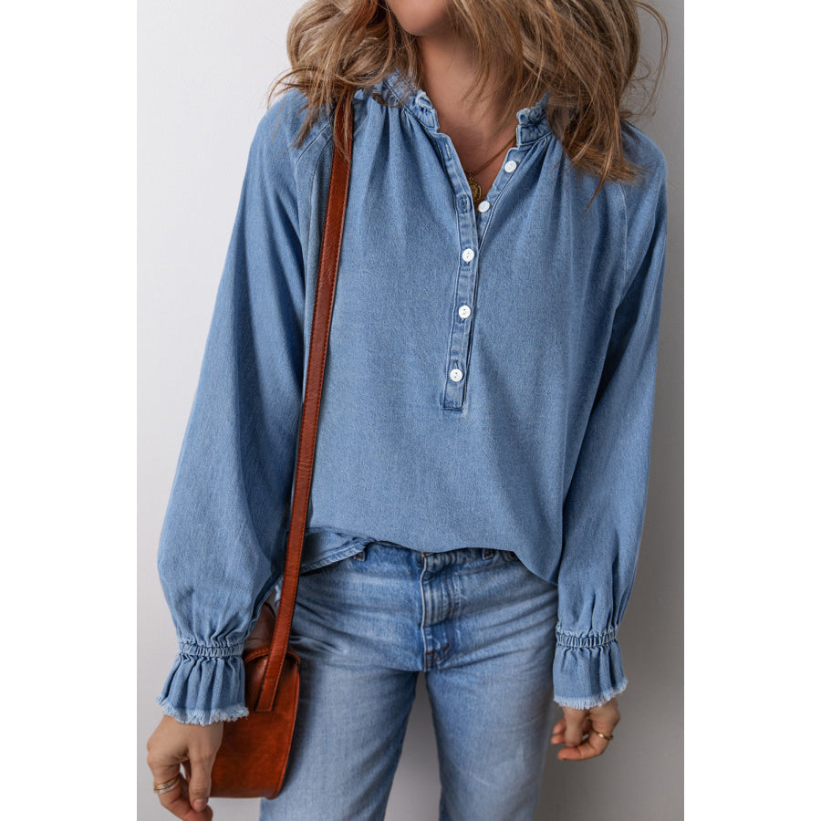 Half Button Long Sleeve Denim Top Light Blue / S Apparel and Accessories