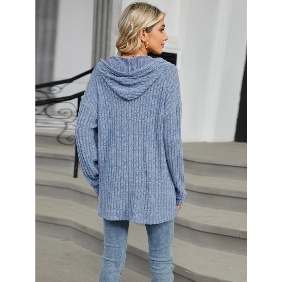 Half Button Long Sleeve Hooded Top Dusty Blue / S Apparel and Accessories