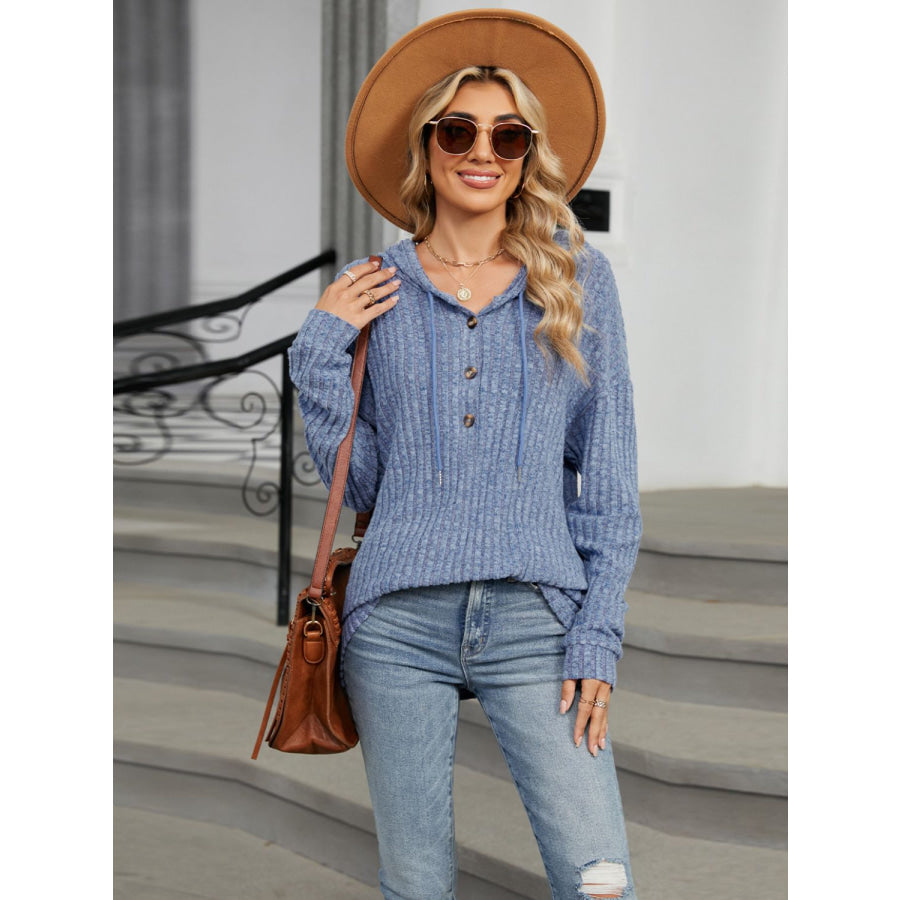 Half Button Long Sleeve Hooded Top Dusty Blue / S Apparel and Accessories