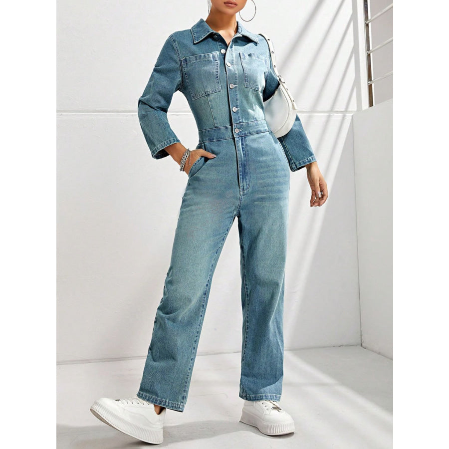 Half Button Long Sleeve Straight Leg Denim Jumpsuit Apparel and Accessories