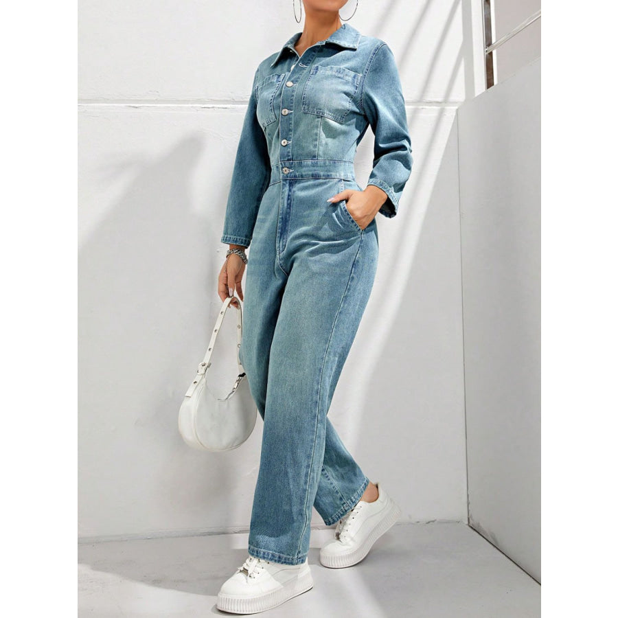 Half Button Long Sleeve Straight Leg Denim Jumpsuit Apparel and Accessories