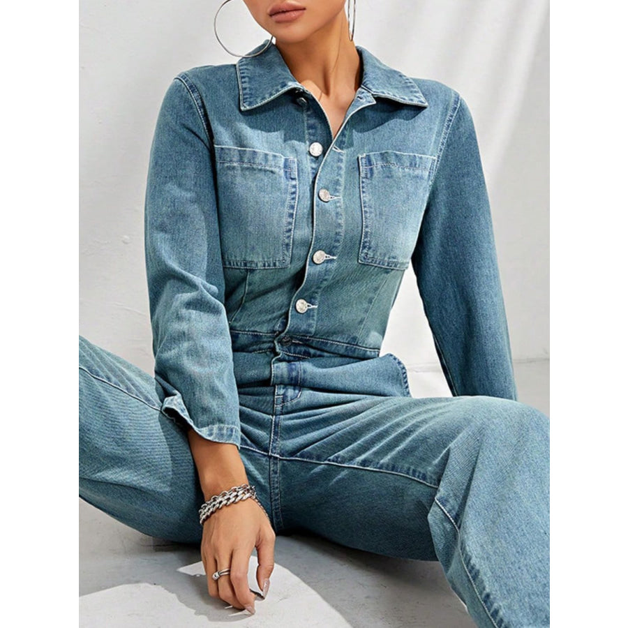 Half Button Long Sleeve Straight Leg Denim Jumpsuit Apparel and Accessories