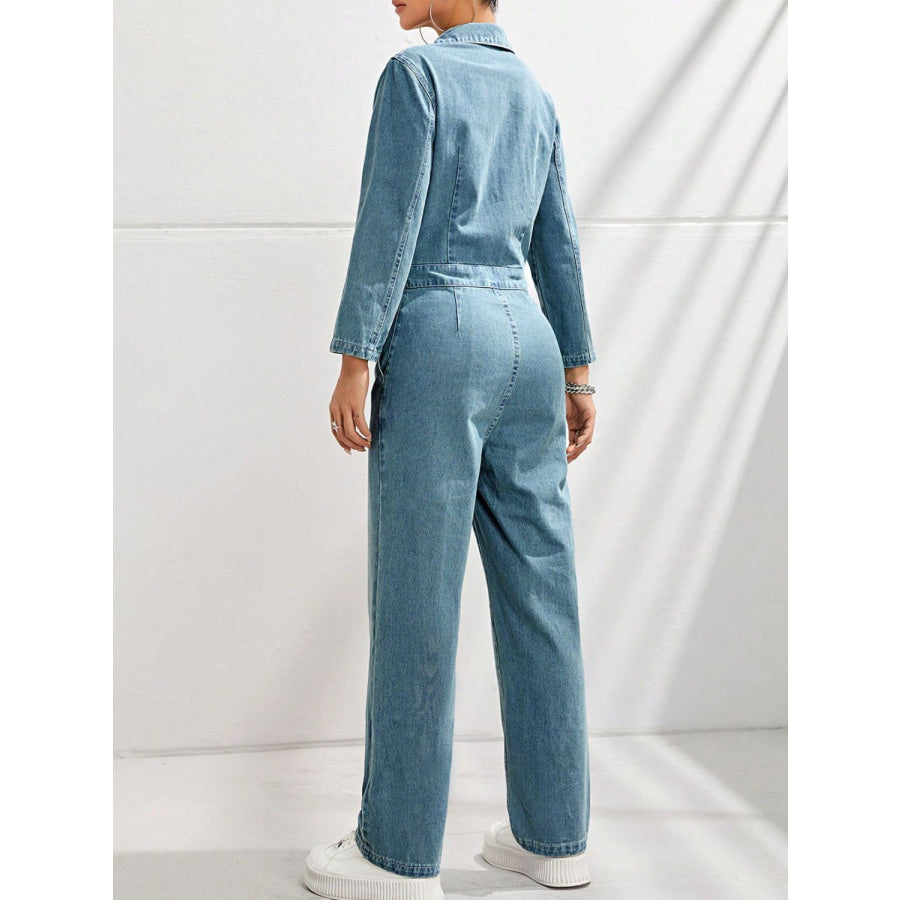 Half Button Long Sleeve Straight Leg Denim Jumpsuit Apparel and Accessories