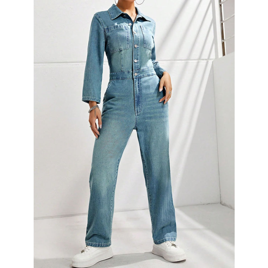 Half Button Long Sleeve Straight Leg Denim Jumpsuit Light / XS Apparel and Accessories