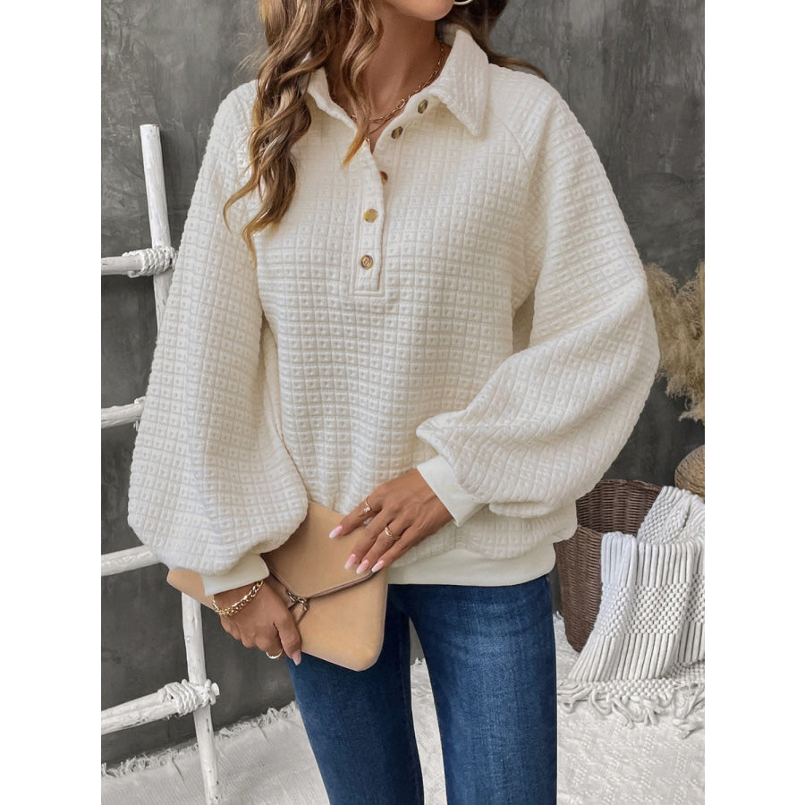 Half Button Long Sleeve Sweatshirt Beige / S Apparel and Accessories