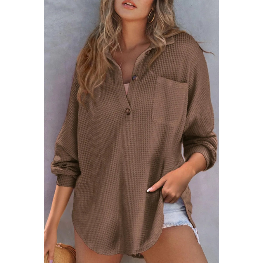 Half Button Long Sleeve Sweatshirt Coffee Brown / S Apparel and Accessories