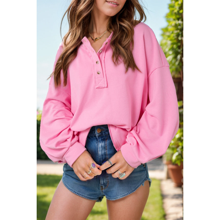 Half Button Long Sleeve Sweatshirt Pink / M Apparel and Accessories