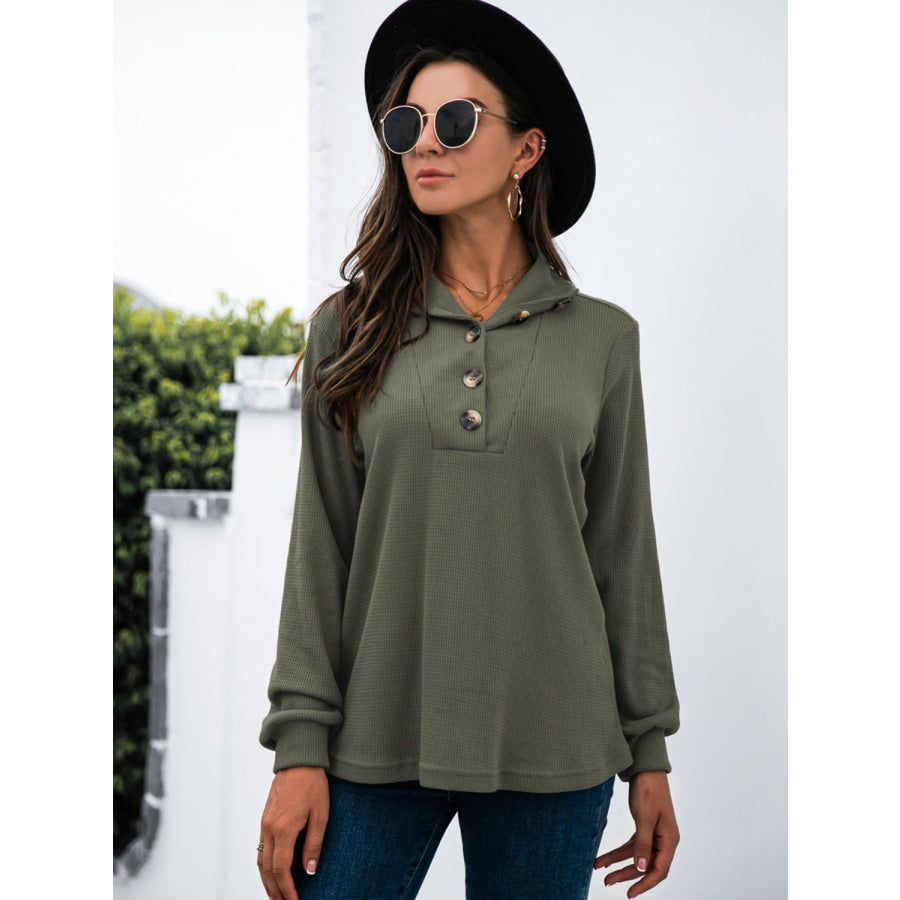 Half Button Long Sleeve T-Shirt Army Green / S Apparel and Accessories