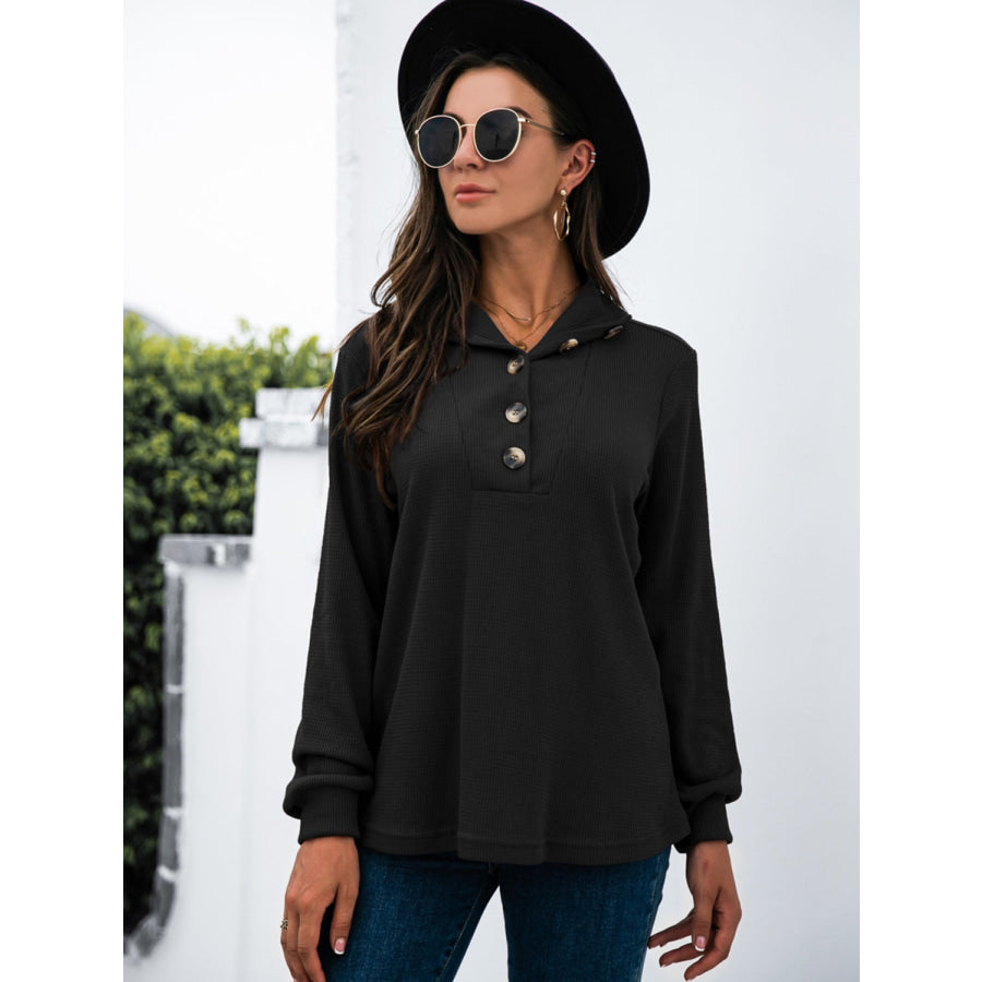 Half Button Long Sleeve T-Shirt Black / S Apparel and Accessories