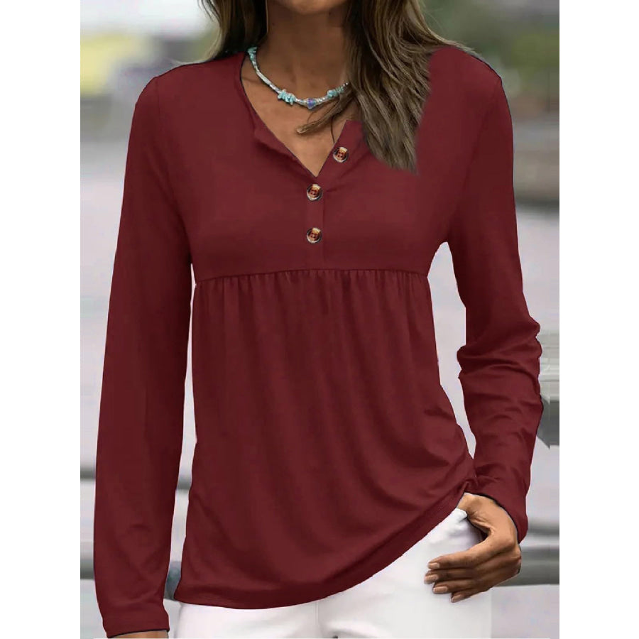 Half Button Long Sleeve T-Shirt Burgundy / S Apparel and Accessories