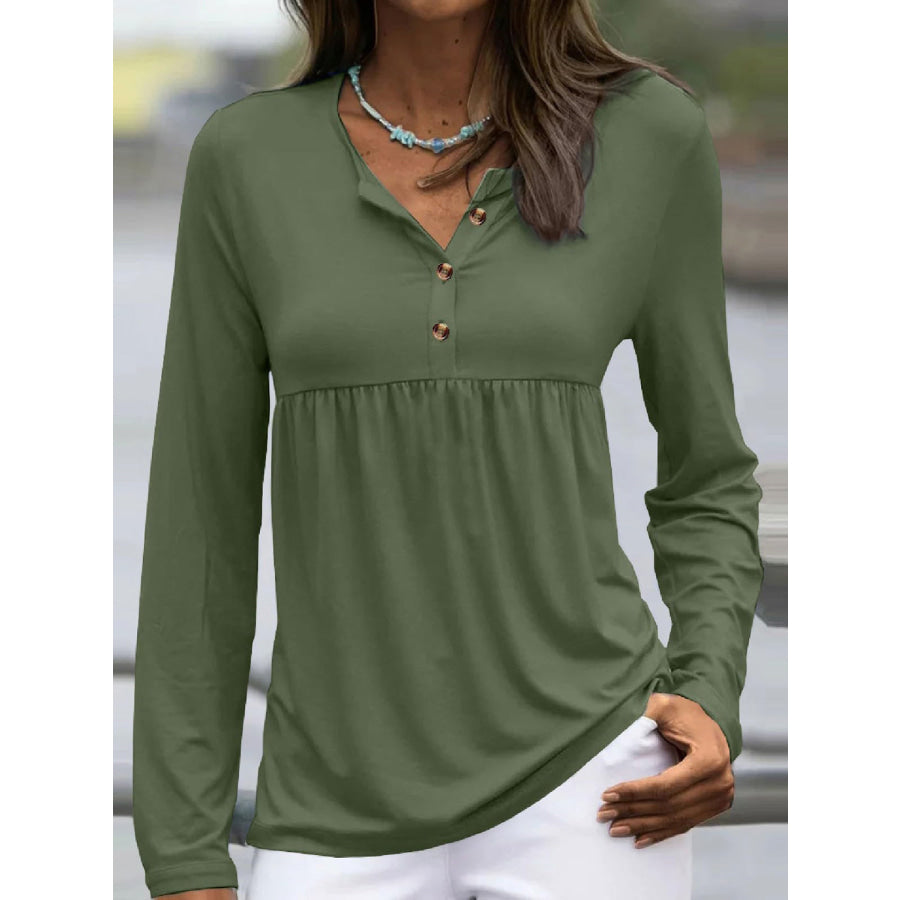 Half Button Long Sleeve T-Shirt Matcha Green / S Apparel and Accessories