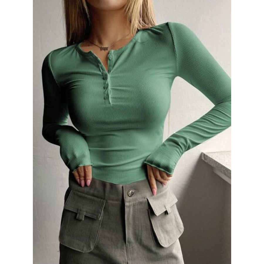 Half Button Long Sleeve T-Shirt Mid Green / S Clothing