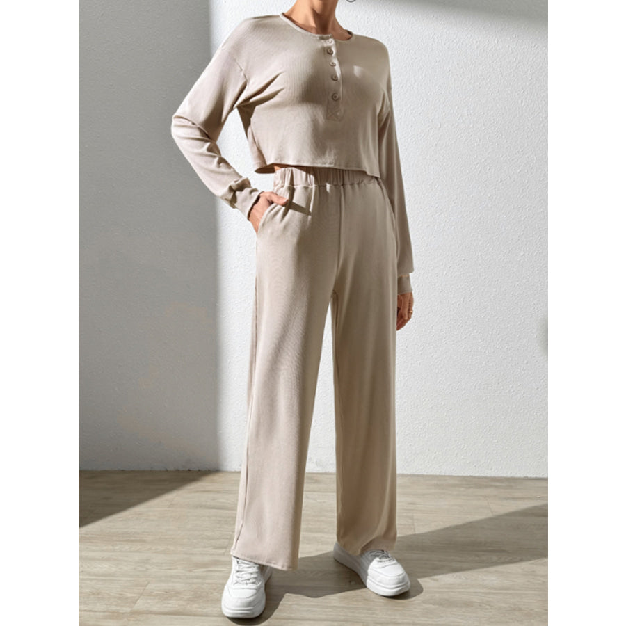Half Button Long Sleeve Top and Pants Set Dust Storm / S Apparel Accessories