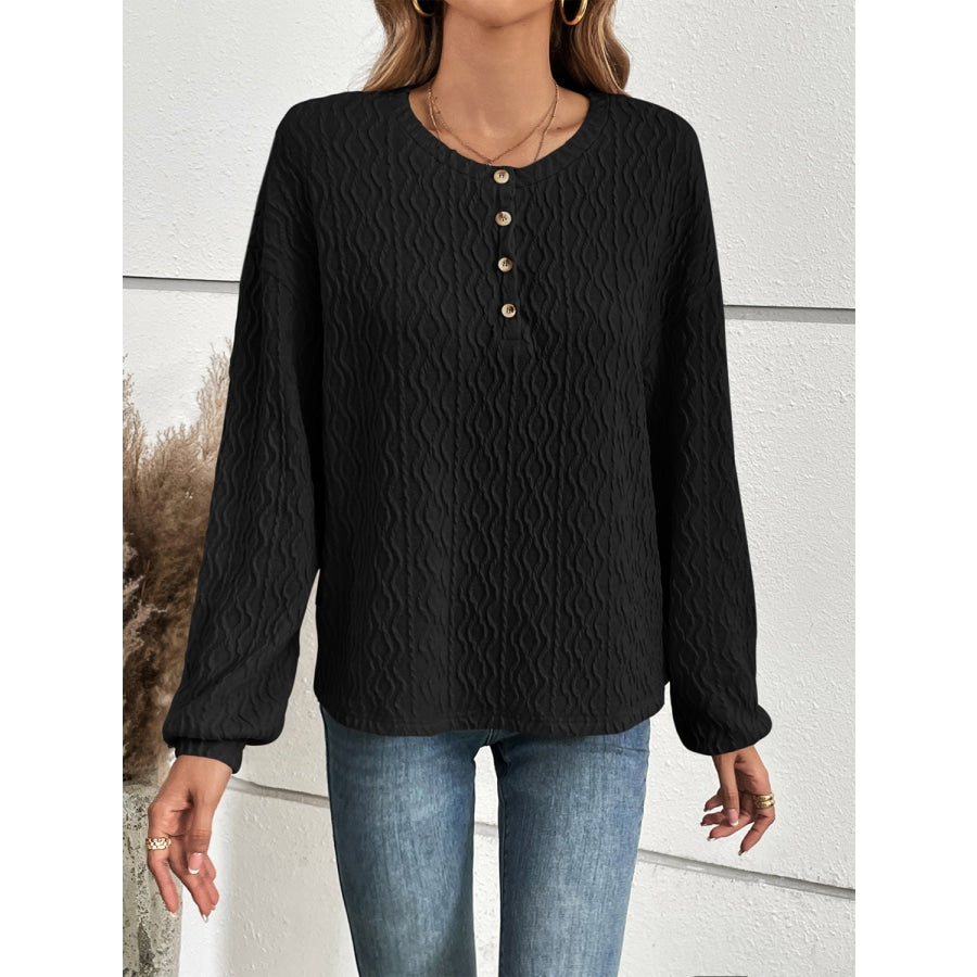 Half Button Long Sleeve Top Black / S